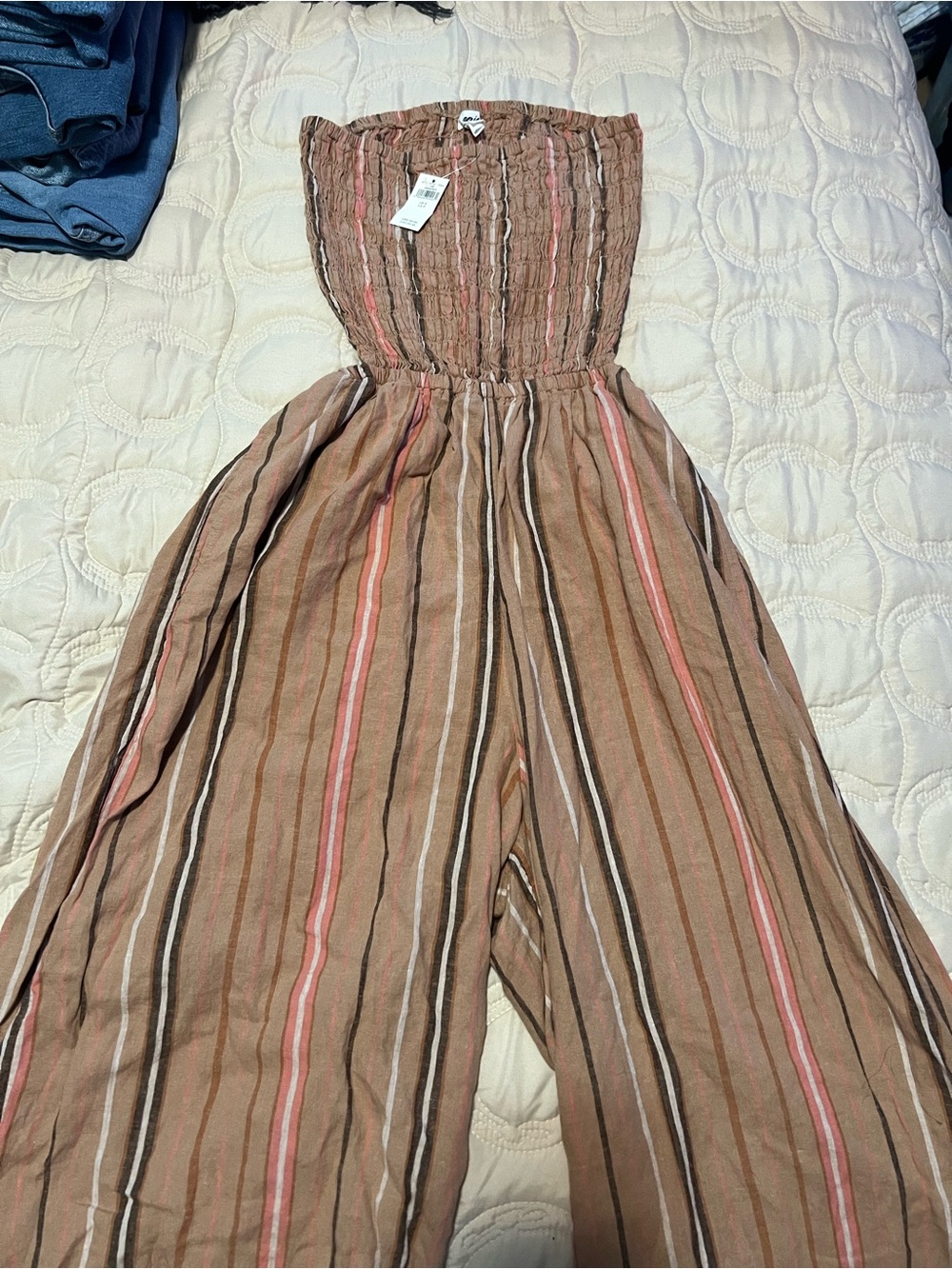 aerie Brown Striped Strapless Wide-Leg Jumpsuit